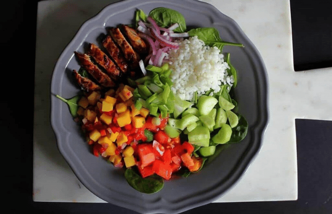 jerk chicken buddha bowl with mango