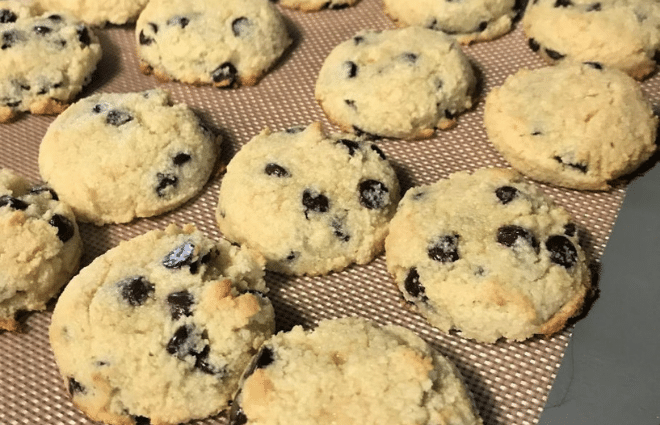 keto soft chocolate chip cookies on baking sheet