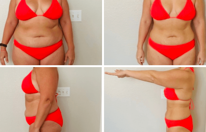 Chrystal in orange bikini before and after in front facing position and side facing position.